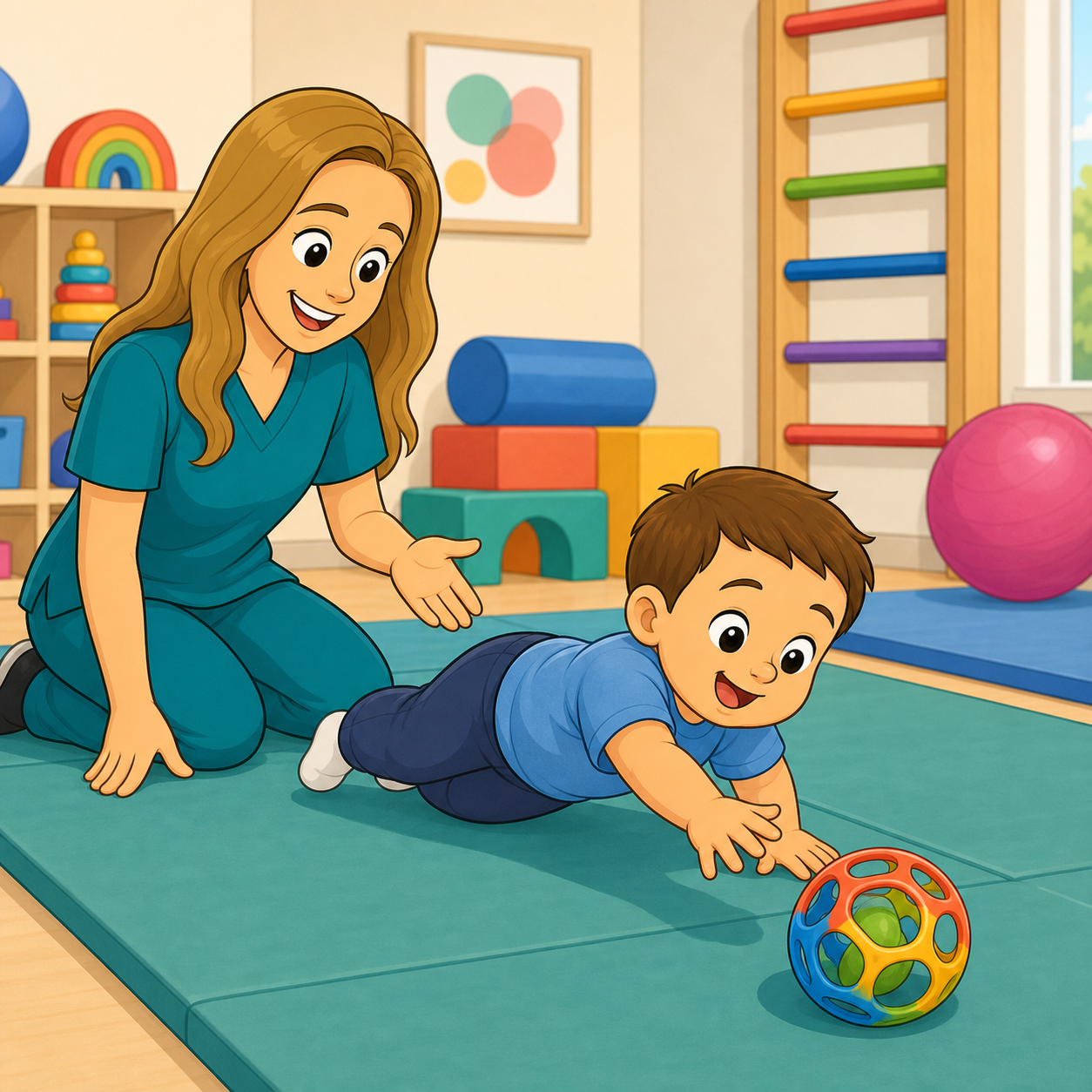 Cartoon child practicing rolling during pediatric therapy.