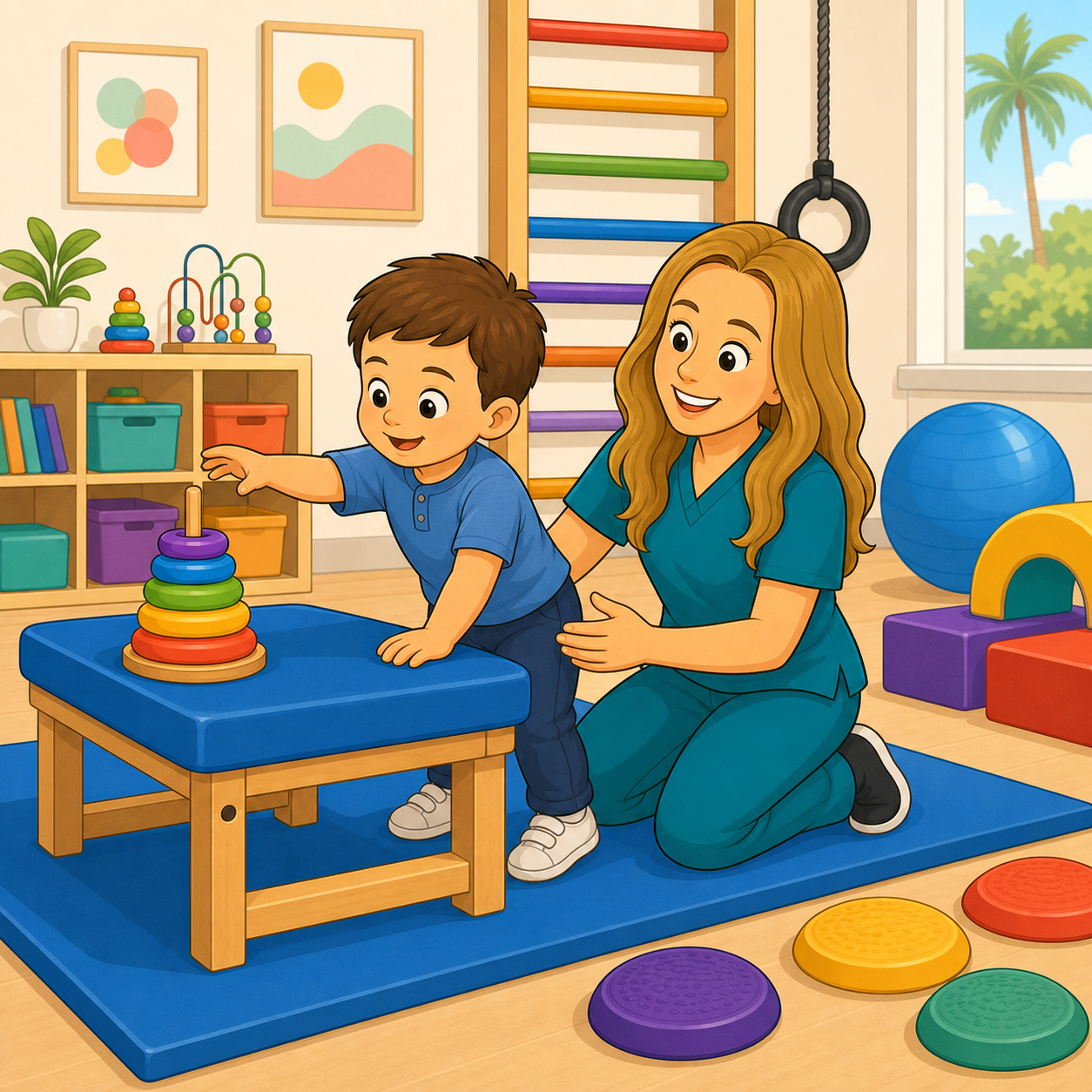 Cartoon child practicing standing during pediatric therapy.