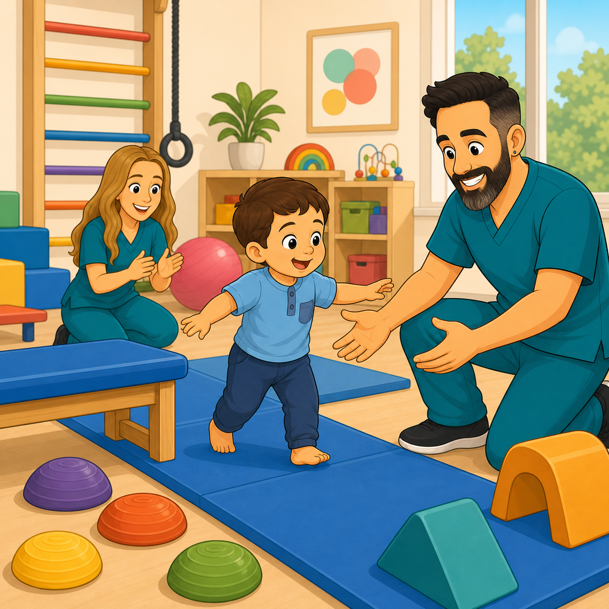 Cartoon child practicing walking during pediatric therapy.