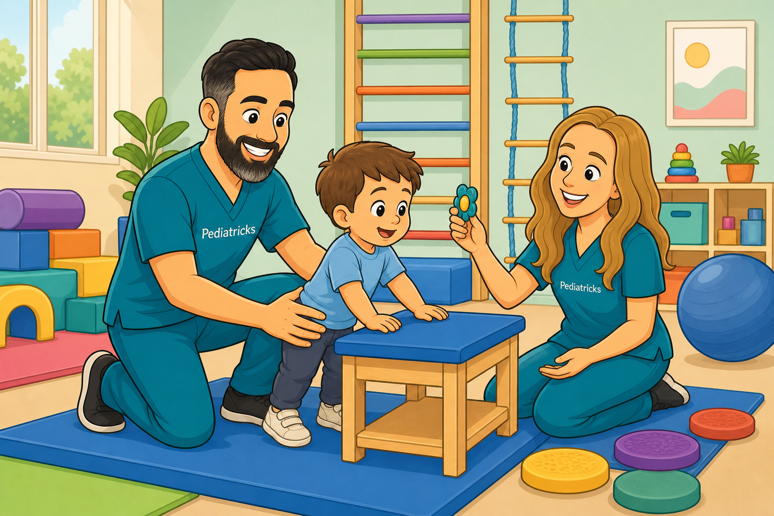 Cartoon Pediatricks therapists helping a child practice standing and balance during DMI intensive therapy.