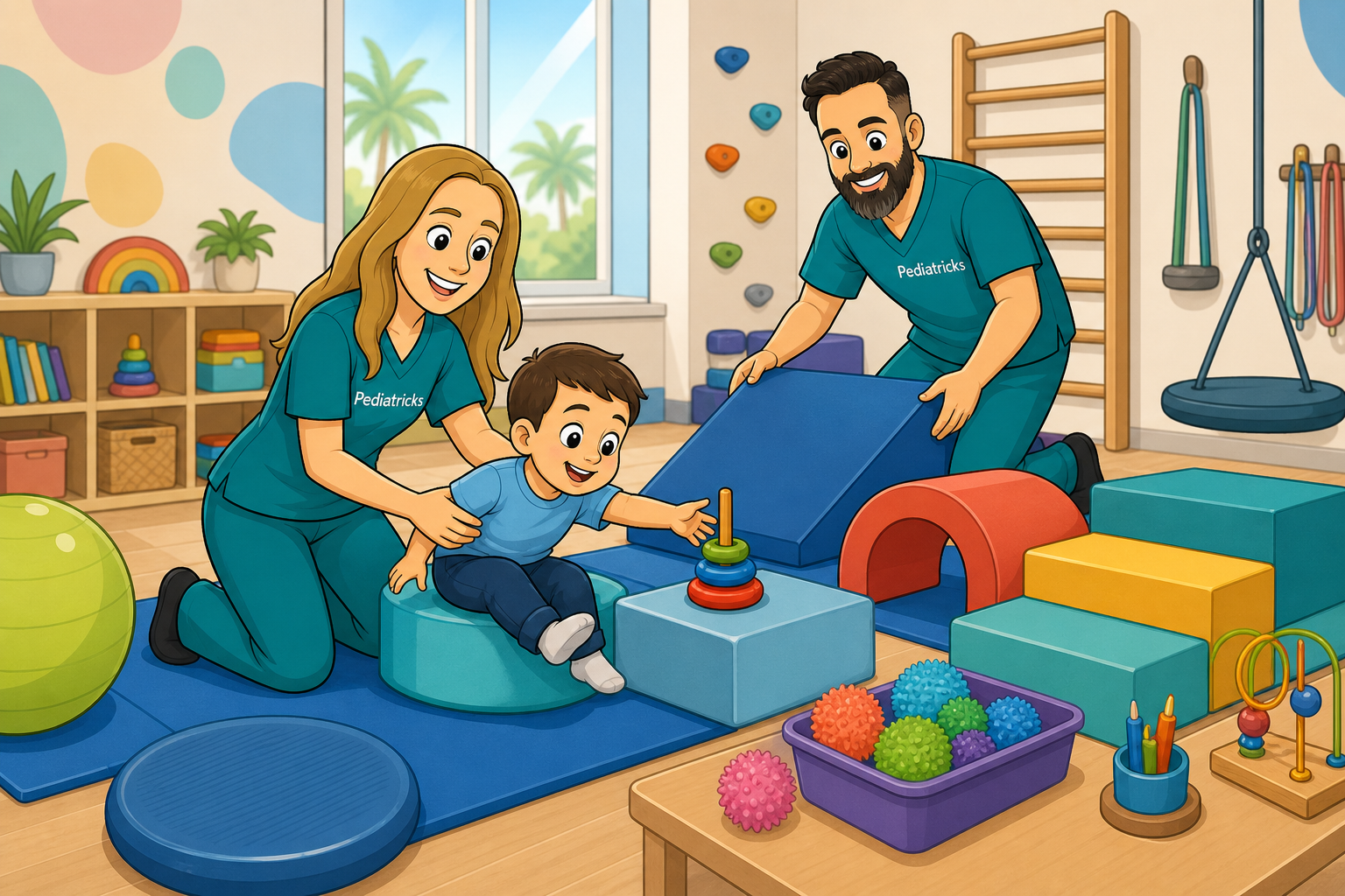 Cartoon Pediatricks therapists guiding a child through hybrid intensive therapy activities.