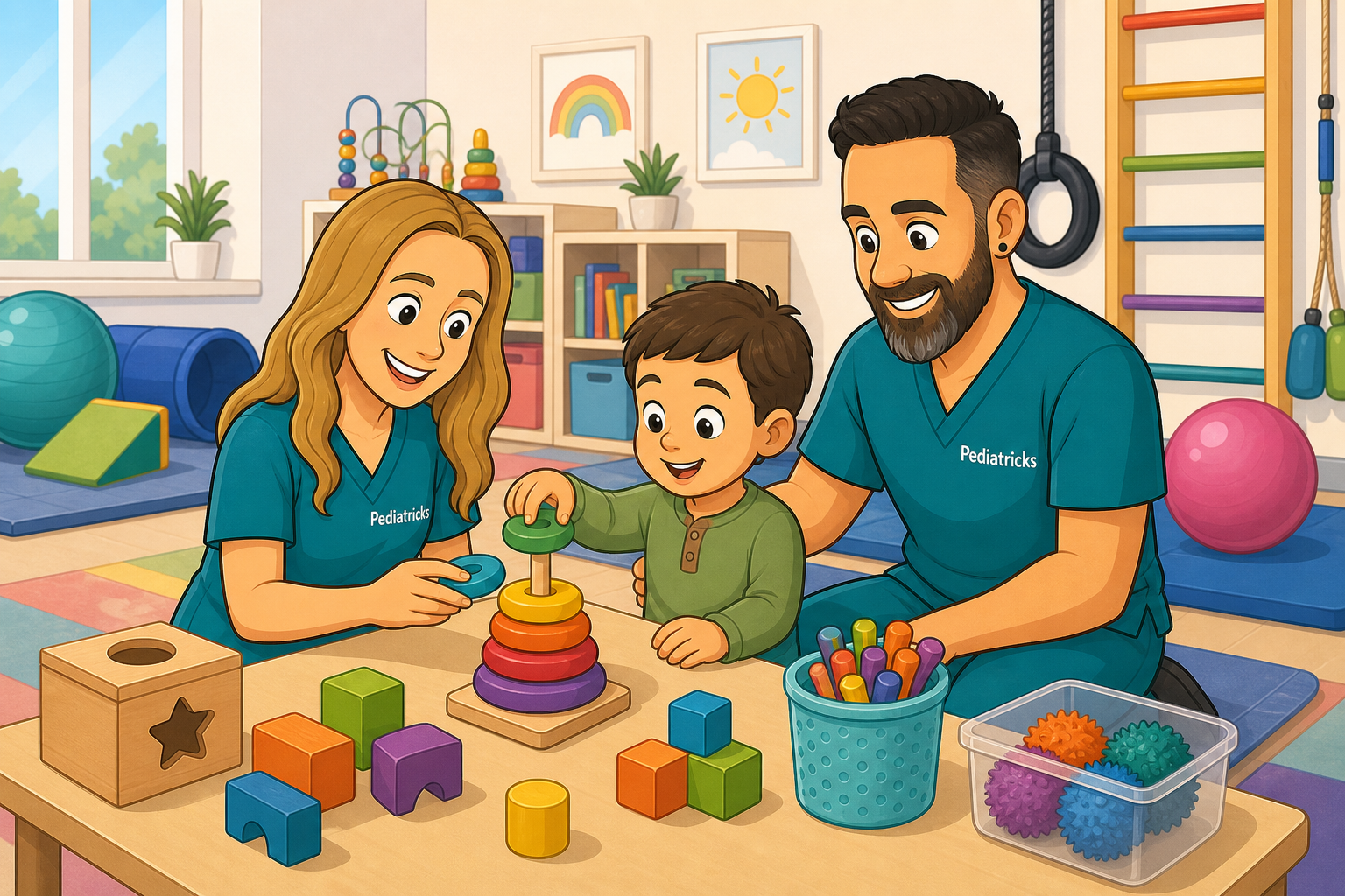 Cartoon Pediatricks therapists supporting occupational therapy and developmental play.